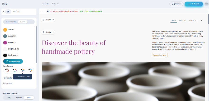 IONOS Color Generator Screenshot of a homepage on IONOS' editor for a pottery website