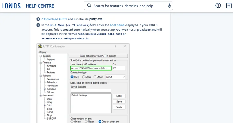 Screenshot of a tutorial with example code on screen from the IONOS Help Center