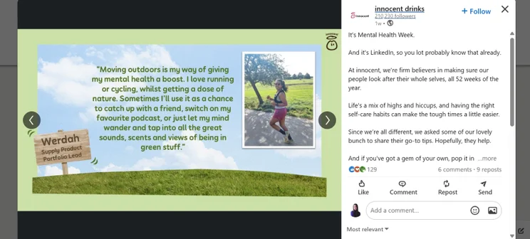 Screenshot of a Innocent Smoothies LinkedIn post with a quote and portrait image for Mental Health Week
