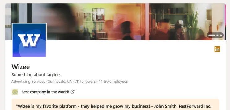 LinkedIn example Premium Company Page for a fake company called Wizee, showing the Premium gold logo in the header