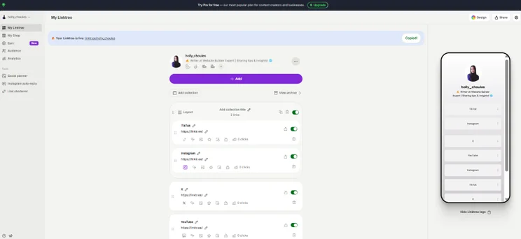 Screenshot of a Linktree dashboard with ability to add links to profile