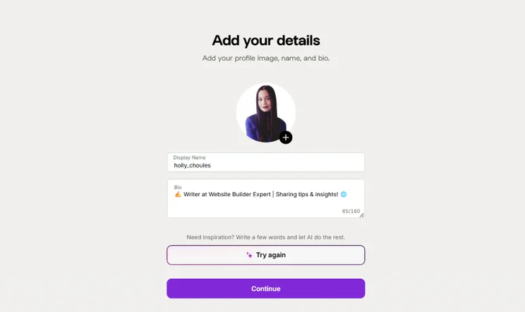 Screenshot of creating a Linktree bio with photo, username, and bio