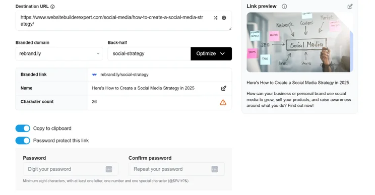 Screenshot of settings for a URL shortener like adding a branded back half