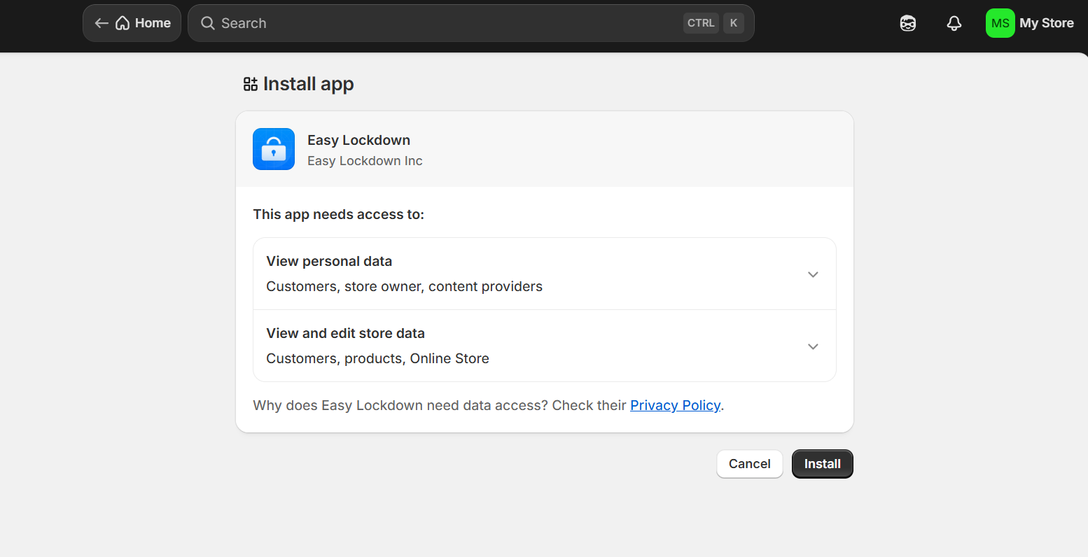 Shopify Install Membership App An app asking for permissions in the Shopify dashboard.
