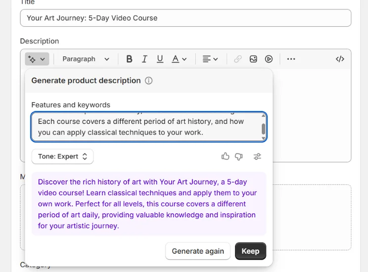 Screenshot of Shopify Magic's AI tool generating a paragraph of text based on a short user prompt
