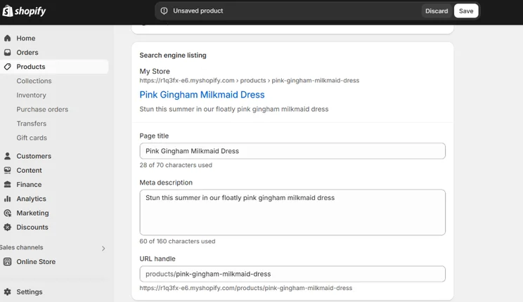 Screenshot of the Shopify dashboard with settings to change item metadata