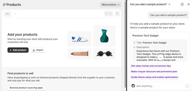 Shopify Sidekick supporting me with creating a new product in Shopify