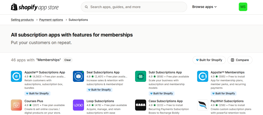Shopify Subscription Apps Screenshot of the Shopify app store with a list of subscription apps to download