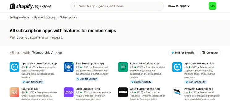 Screenshot of the Shopify app store with a list of subscription apps to download