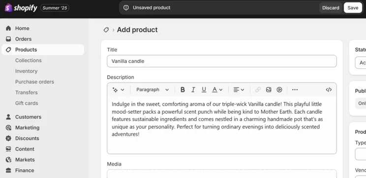 Shopify product page settings