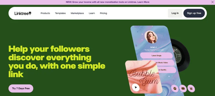 Screenshot of Linktree's homepage with "Sign up free" button on the top right