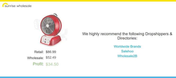 Sunrise Wholesale dropshipping homepage