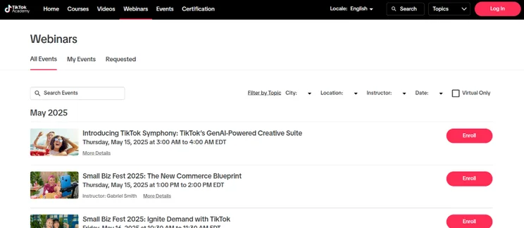 Screenshot of the TikTok Academy with list of webinars to sign up to