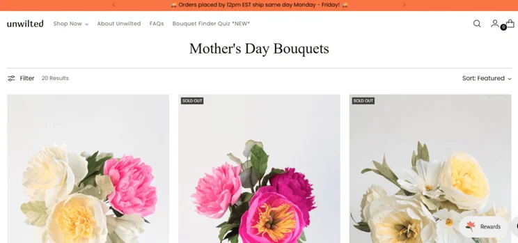 Category page on Unwilted store showing mother's day bouquets