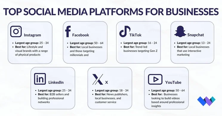 Fact sheet showing seven social media platforms, their most popular age group, and what they're best for
