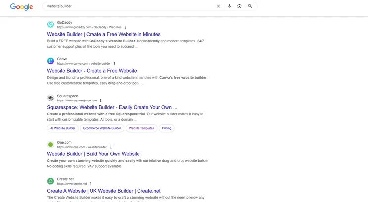 Screenshot of Google search results with results for different website builder brands