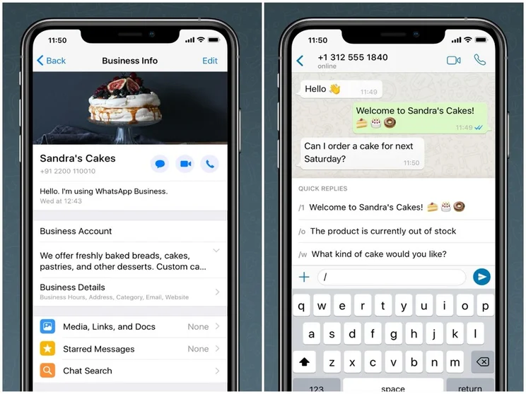 Two screenshots showing a WhatsApp business profile page (left) and showing three quick message shortcuts appearing after typing a slash