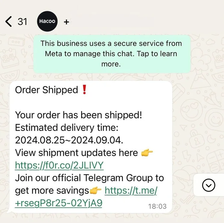 automated business WhatsApp message notifying of shipped item, estimated delivery date, and a link to view tracking updates