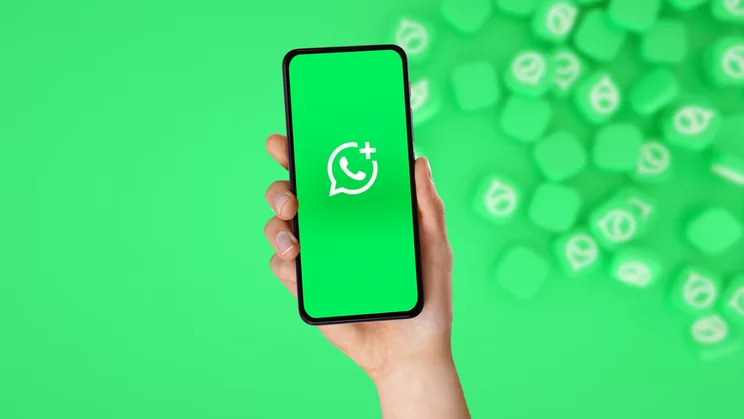 hand holding a phone with the green WhatsApp logo full screen