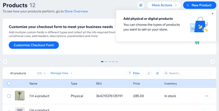 Wix product settings