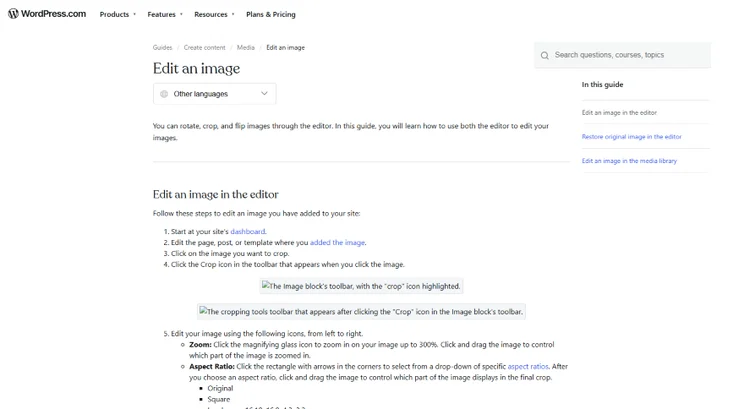 Text on a WordPress page explaining how to edit images
