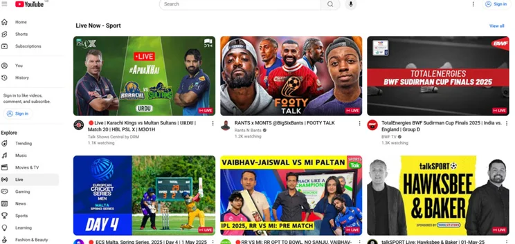 YouTube Live tab promoting top sports and news lives