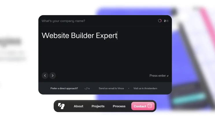 Screenshot of a website with a pop-up contact form asking for a brand name