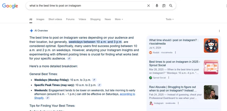 Screenshot of an AI overviews summary covering the best times to post on Instagram alongside webpage citations