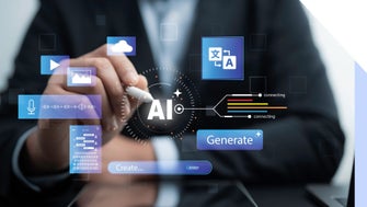 man in suit tapping a pen against a graphic that says AI