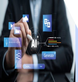 man in suit tapping a pen against a graphic that says AI