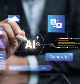 man in suit tapping a pen against a graphic that says AI