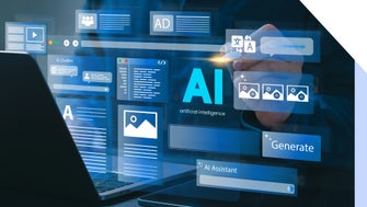 Floating boxes showing AI and AI-generated content elements above a laptop