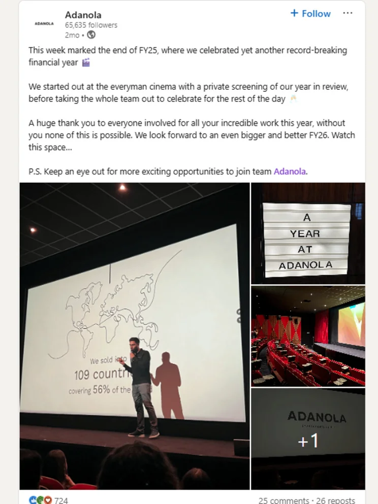 4 photo LinkedIn post showing a celebration of Adonola's team wins
