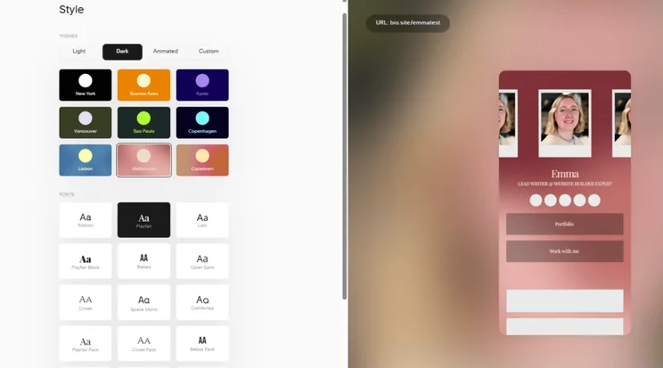 Bio Site background style options with different color and font choices
