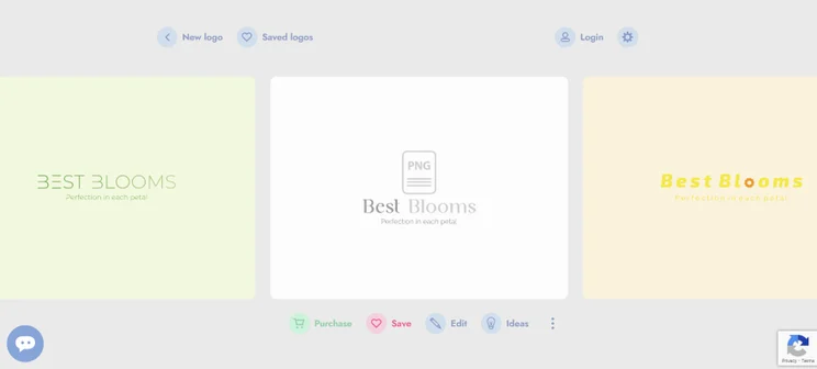 Logo design interface displaying "Best Blooms" with variations in color and style, featuring options to purchase, save, or edit designs.