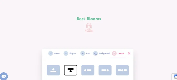 A design interface featuring the text "Best Blooms," icon options, and layout selections for a floral business branding project.