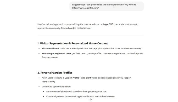 Numbered suggestions by ChatGPT for adding personalization to a garden store called loganTRD