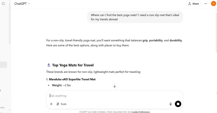Screen showing a list of travel-friendly yoga mats with non-slip features. Title reads 'Top Yoga Mats for Travel.' The screen conveys informational content in a straightforward manner.