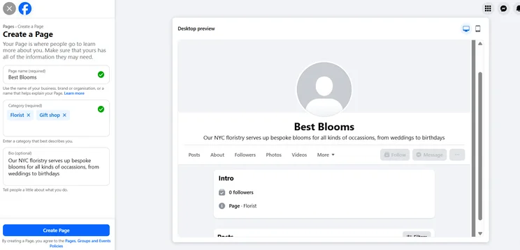 Screenshot of a Facebook Business Page with name, bio, and category tags