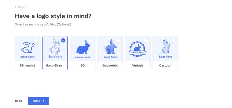 A user interface step showing logo style options: Minimalist, Hand-Drawn (selected), 3D, Geometric, Vintage, and Cartoon designs.