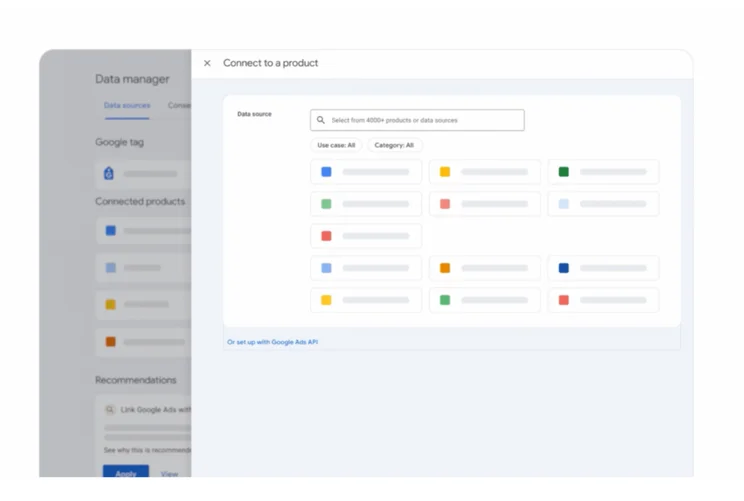 A screenshot of a pop-up window allowing the user to connect a product to Google's Data Manager tool