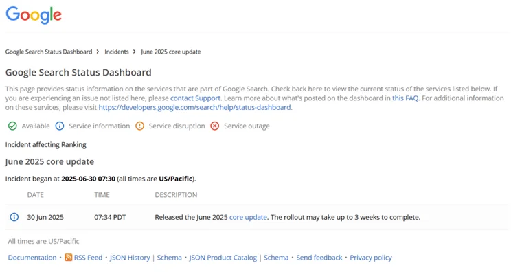 Google incident dashboard reporting on the June 2025 core update