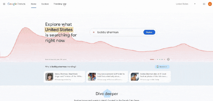 Gif navigating from the google trends homepage to the explore tab