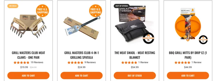 four bbq products sold by Grill masters club: Meat claws, a 4in 1 spatula, a meat resting blanket, and bbq grill mitts