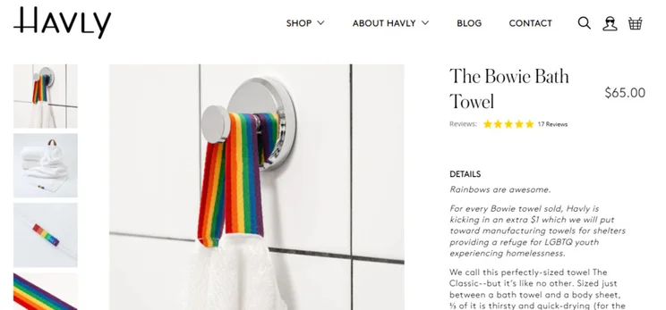 Product page of a White towel with a rainbow tag