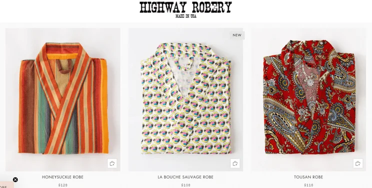 Highway Robery homepage showing 3 robe products
