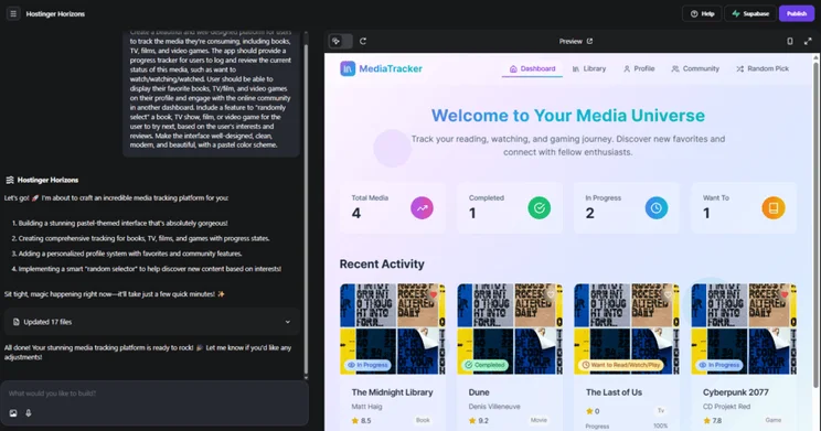 Hostinger Horizons app preview and chat for a media tracker app