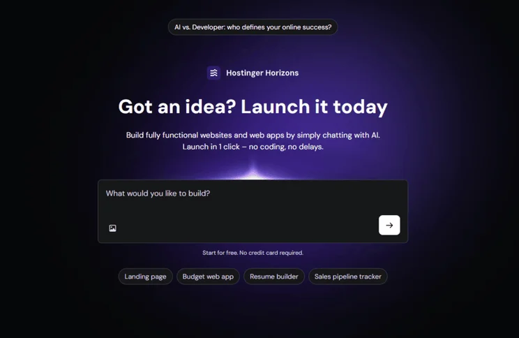 Hostinger Horizons homepage with a box to add a prompt