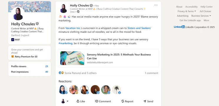 Holly Choules shares insights on sensory marketing, linking food cravings to recent trends in marketing strategies on LinkedIn.