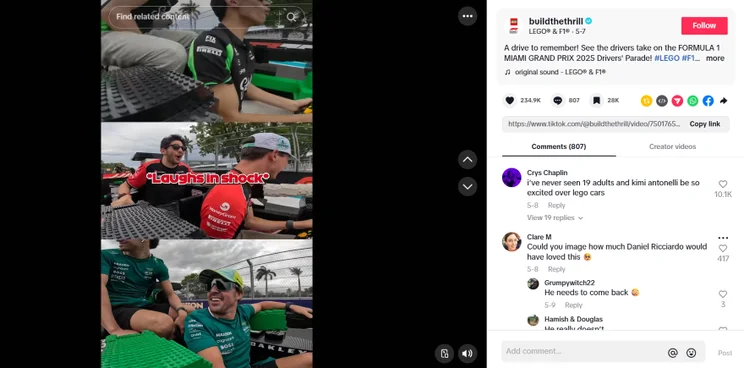 TikTok video screenshot of a group of Formula 1 drivers enjoying a colorful LEGO-themed event, showcasing excitement and camaraderie during a parade.